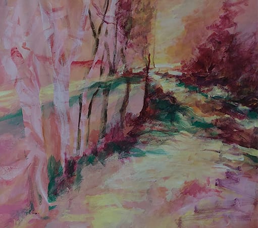 The sacred forest is an acrylic painting with calligraphy